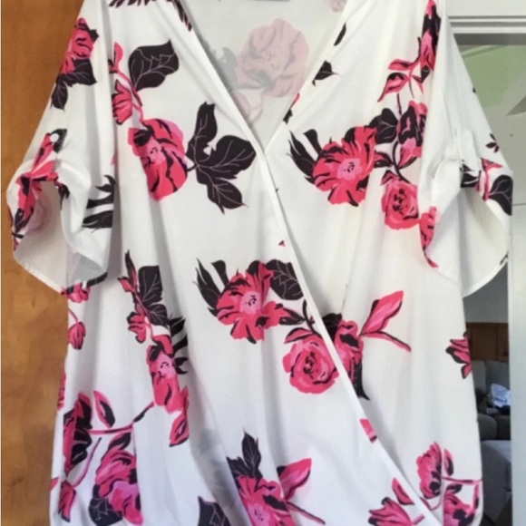 Tops - White Floral Wrap-Front Women’s Top with Pink Blooms